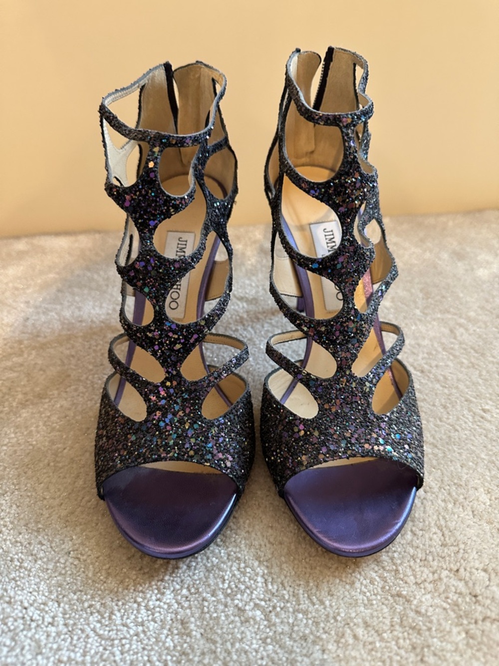 Jimmy Choo Black and Purple Glitter Cutout High-Heel Sandals